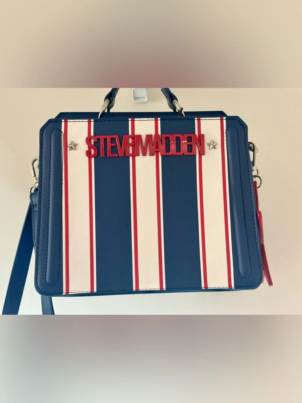 Steve Madden Bevlynn Red/White/Blue Striped Satchel Handbag Purse (Minor Flaw)